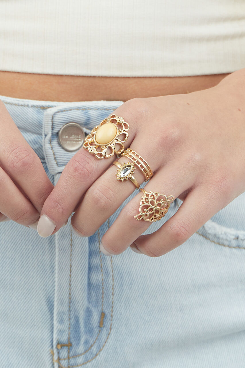 Antique Gold Filigree Stone 4 Piece Ring Set