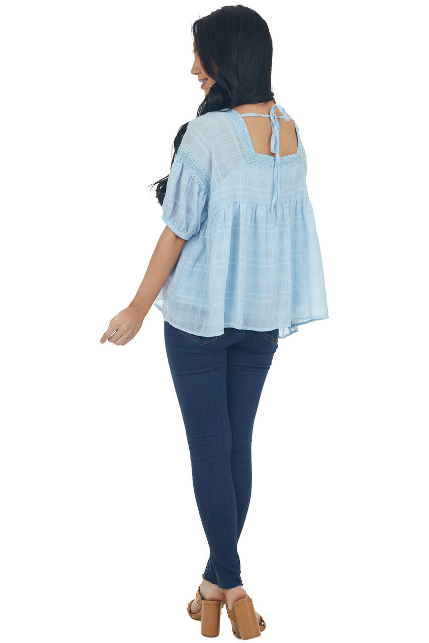 Powder Blue Babydoll Puff Sleeve Blouse with Square Neck