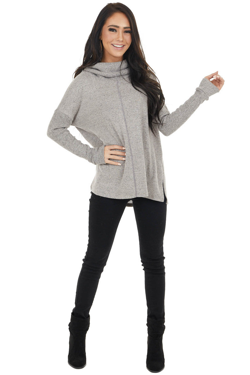 Vintage Taupe Cowl Neck Long Sleeve Top with Ribbed Detail