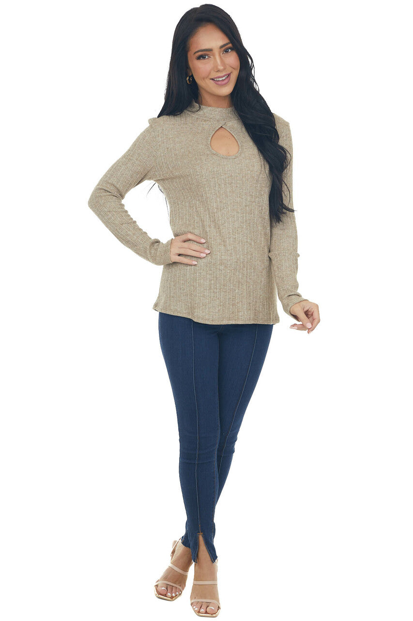 Heathered Latte Mock Neck Long Sleeve Knit Top