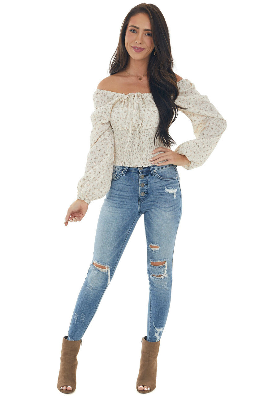 Ivory Floral Smocked Waist Peasant Cropped Top