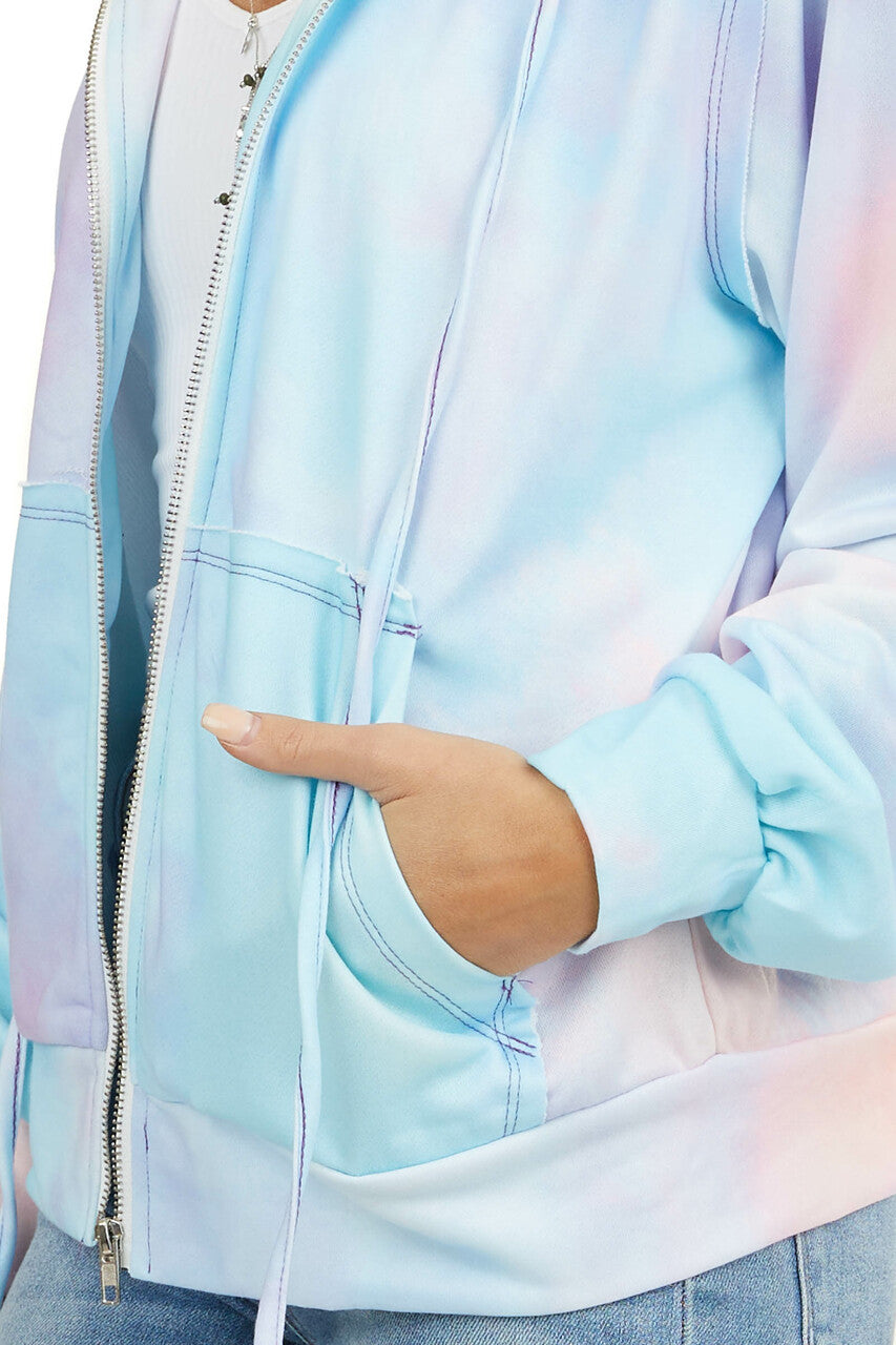Sky Blue Tie Dye Zip Up Front Hoodie with Drawstrings