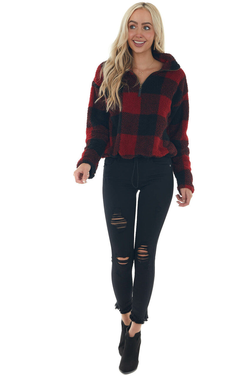 Cranberry Buffalo Plaid Sherpa Pullover Jacket