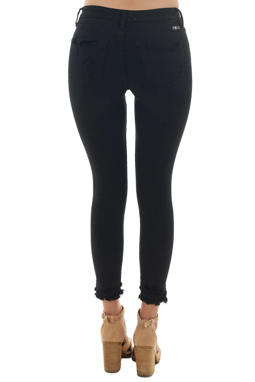 Black Distressed Mid Rise Skinny Jeans with Frayed Hem 