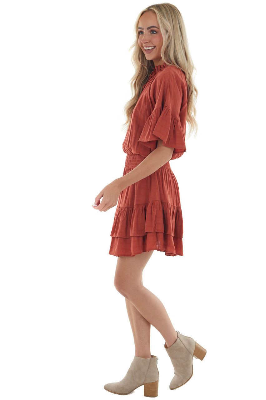 Brick Linen Ruffle Dress with Notch Neckline 