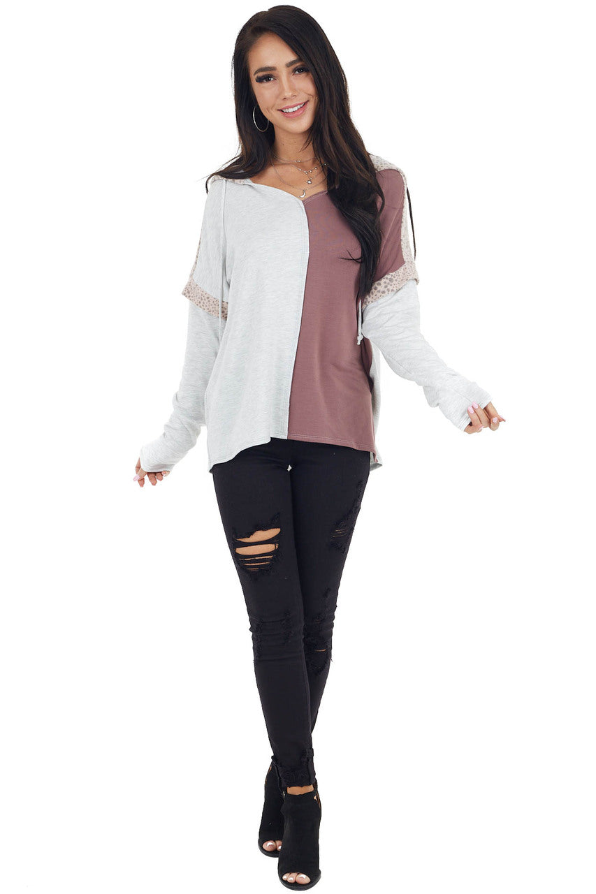 Marsala Colorblock Long Sleeve Hoodie with Cheetah Print