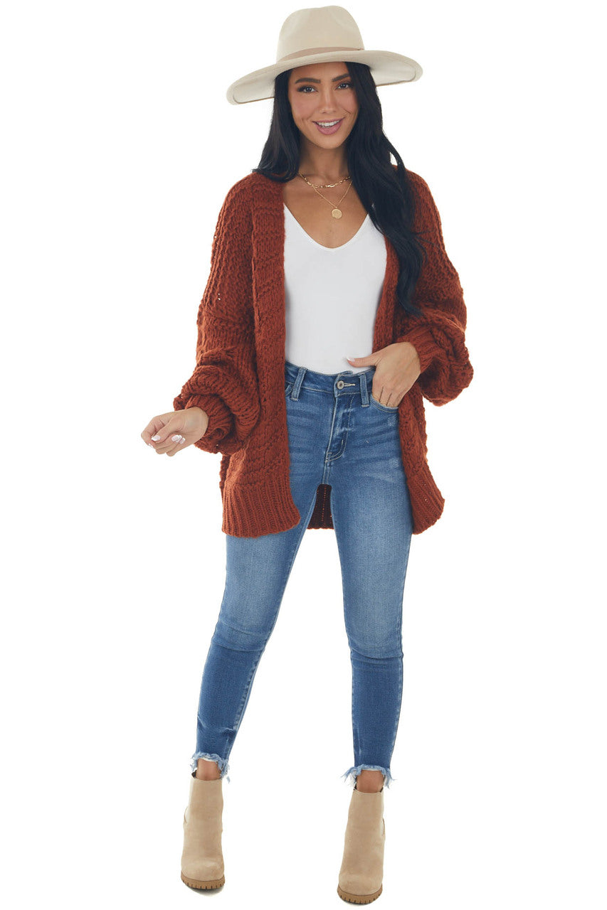 Rust Chunky Knit Cardigan with Long Sleeves