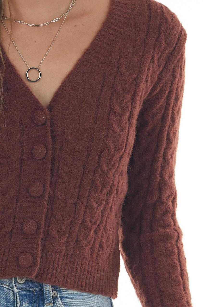 Sangria Button Up Fuzzy Cable Knit Cardigan
