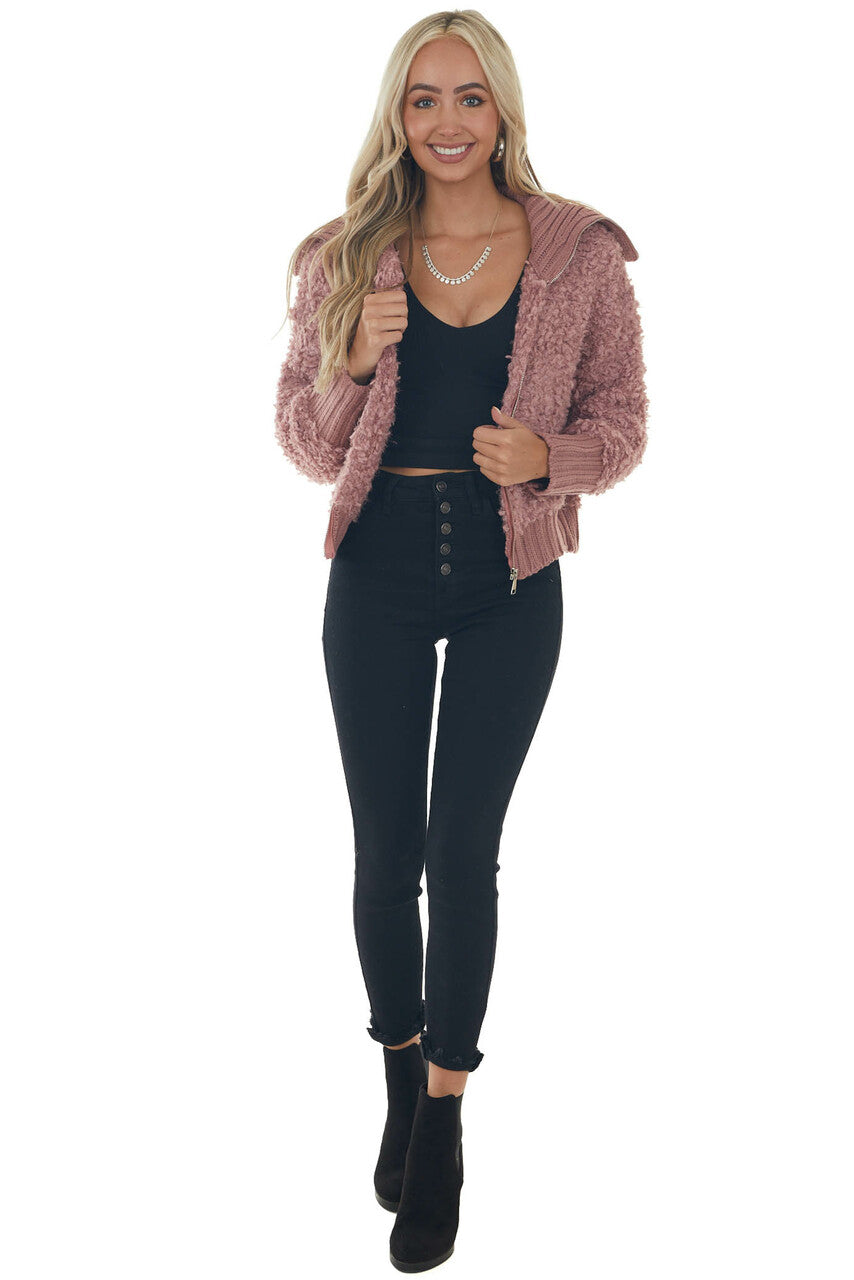 Rose Teddy Turtleneck Zip Up Sweater Jacket 