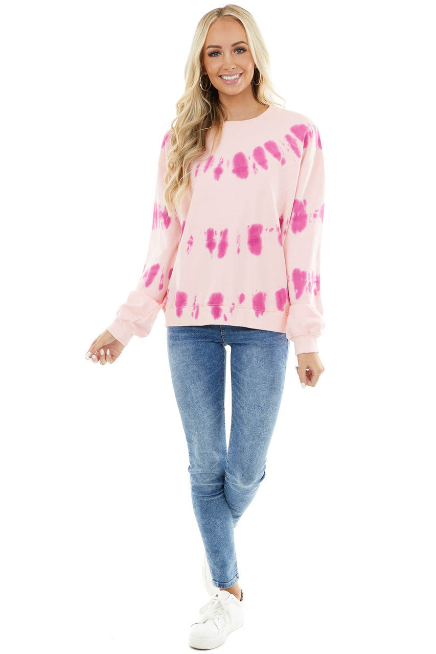 Baby Pink and Fuchsia Tie Dye Sweatshirt with Ribbed Detail