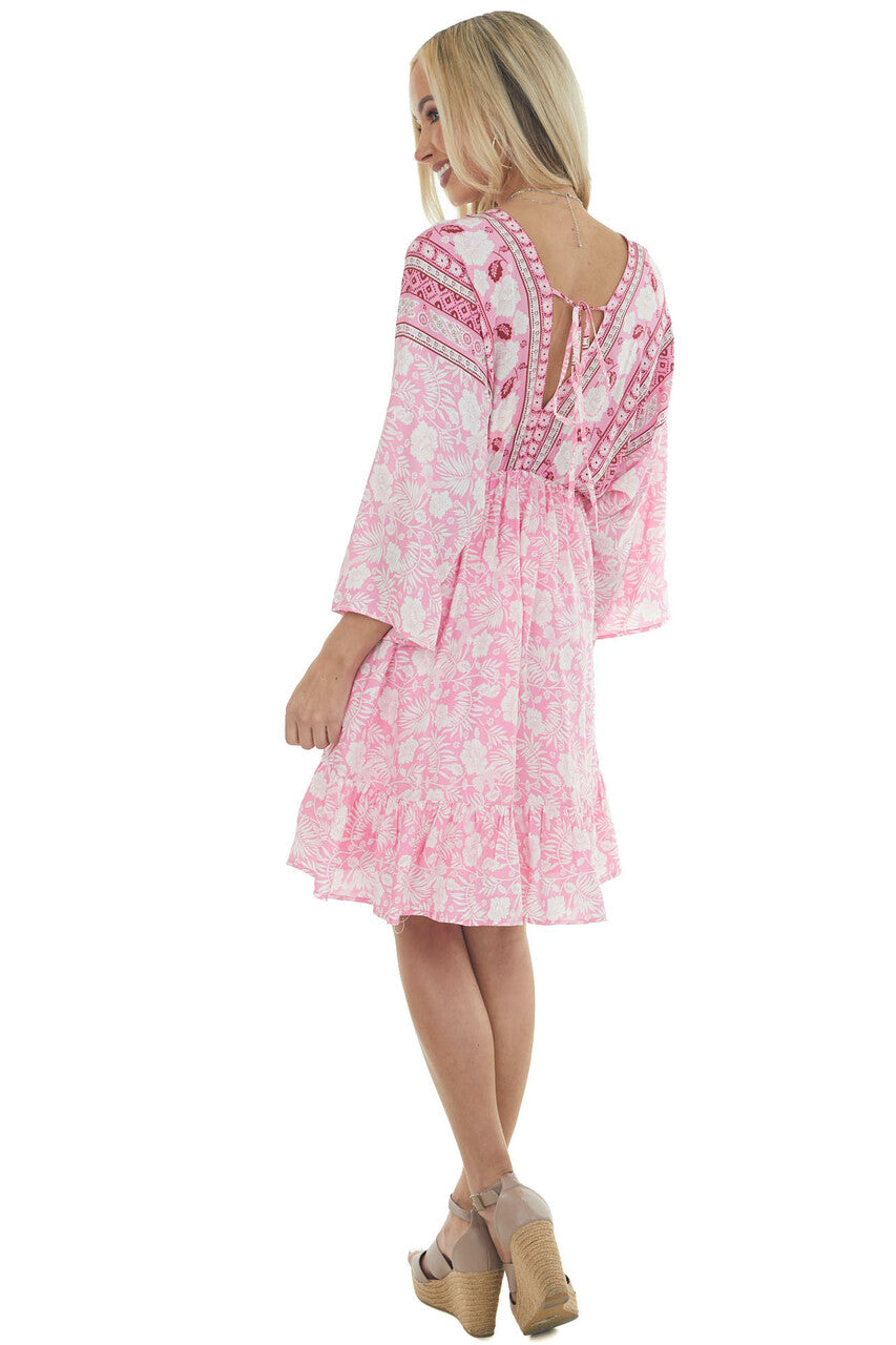 Bright Pink Tropical 3/4 Sleeve Back Tie Dress