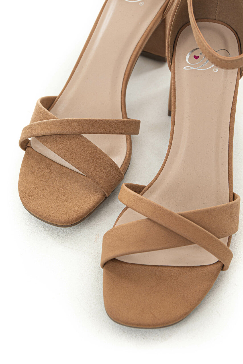 Cognac Ankle Strap Criss Cross Block Heels