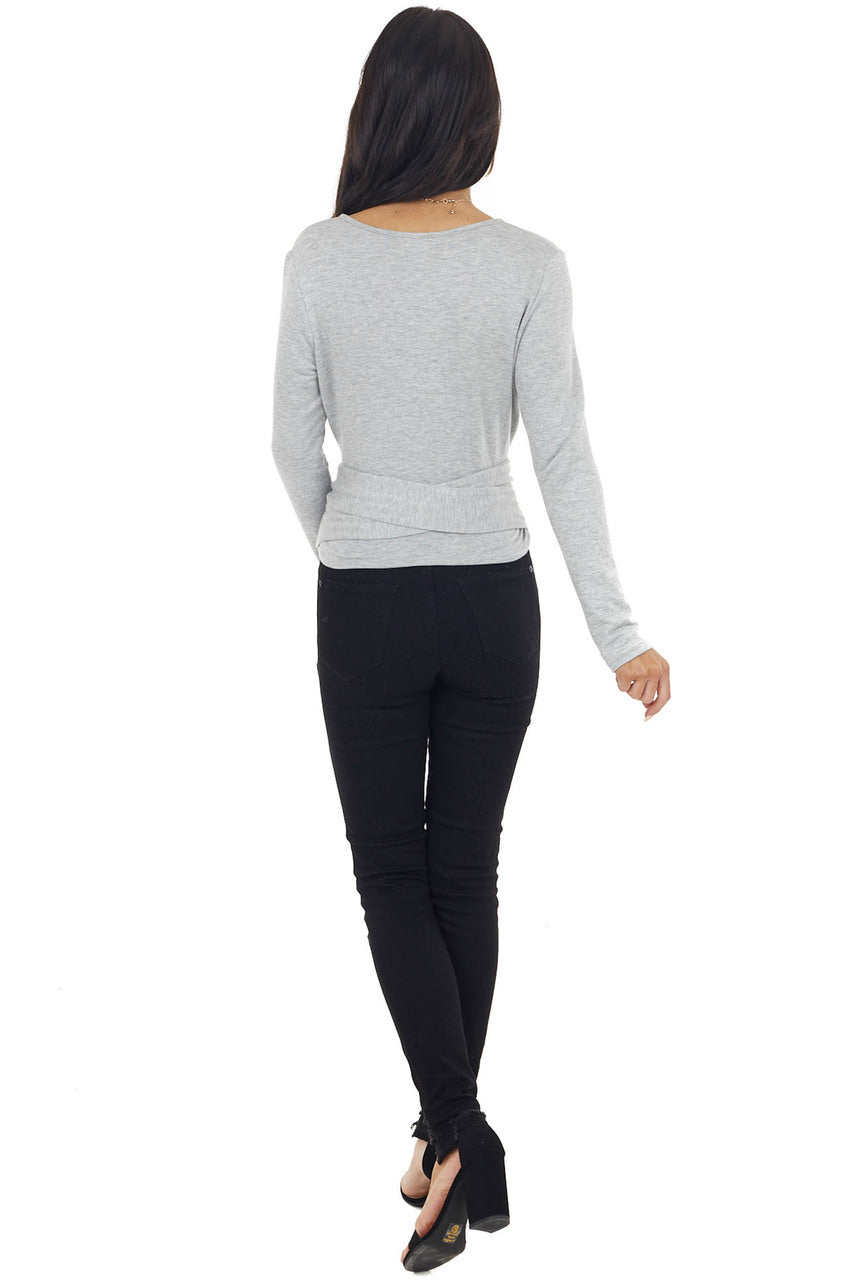 Heathered Grey V Neck Long Sleeve Surplice Top with Wrap