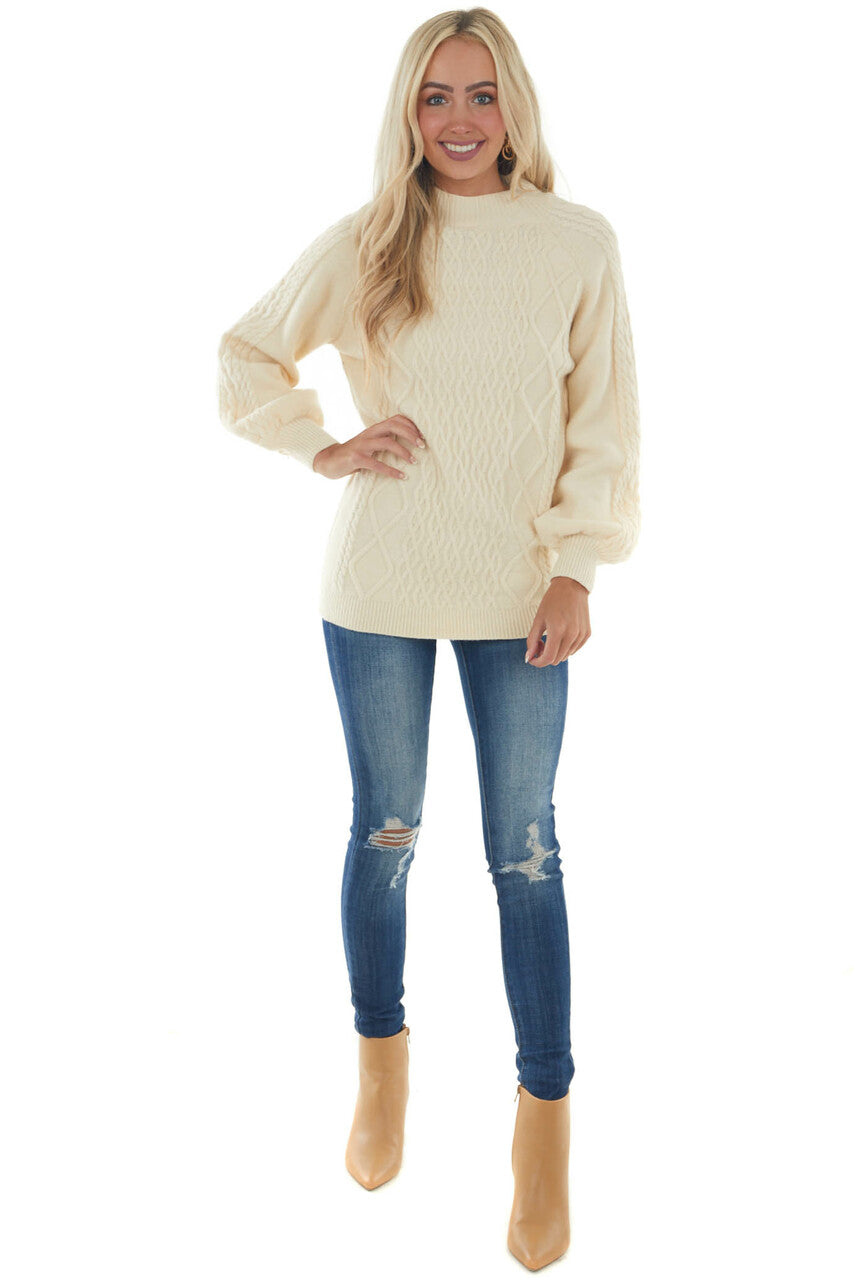 Cream Long Puff Sleeve Cable Knit Sweater