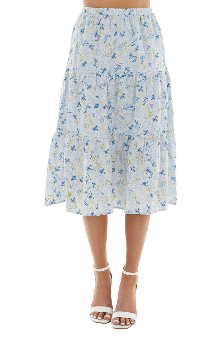 Pastel Blue Floral Tiered Midi Woven Skirt