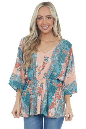 Teal and Peach Floral Multiprint Peplum Top 