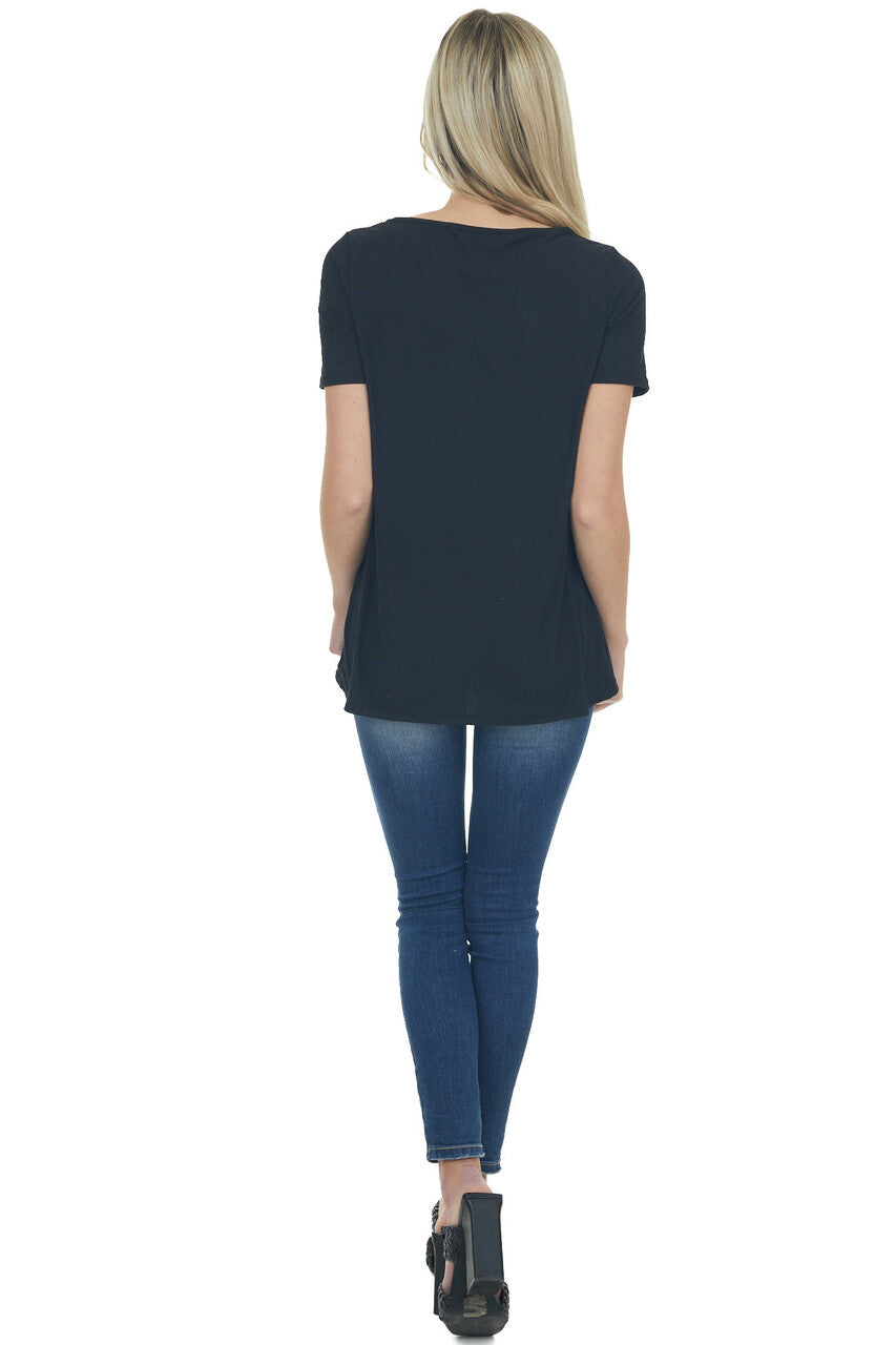 Black Chest Cut Out Ribbed Knit Top