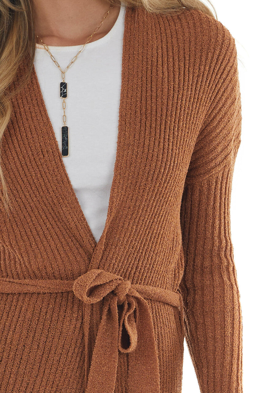 Cognac Open Front Duster Cardigan with Tie