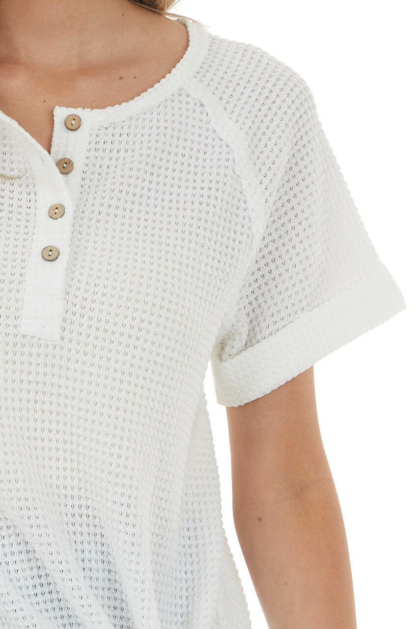 Pearl Short Sleeve Henley Waffle Knit Top 