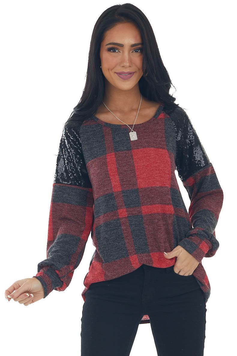 Pomegranate Plaid Black Sequin Shoulder Top