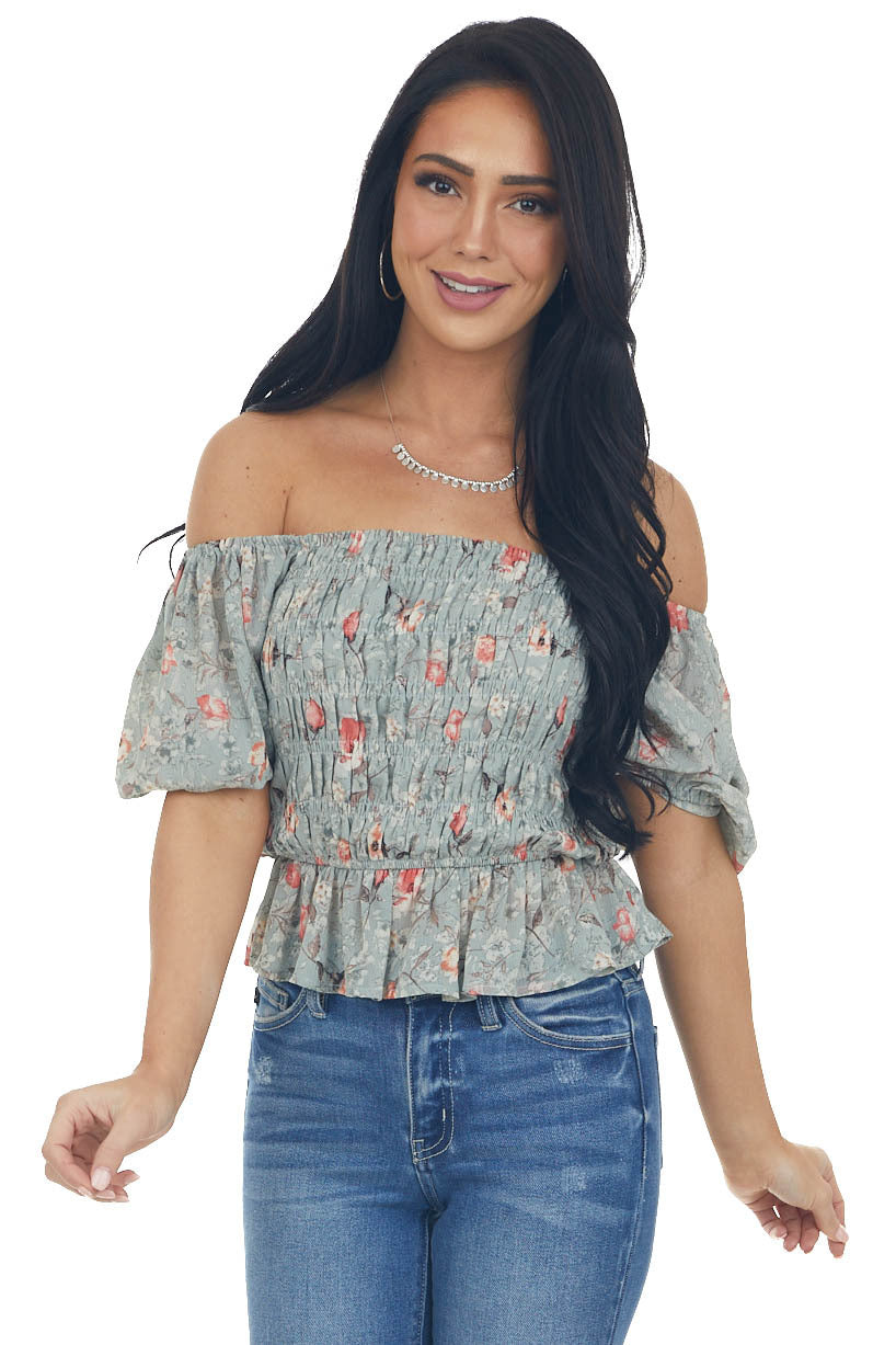 Sage Floral Print Short Sleeve Blouse with Smocked Details
