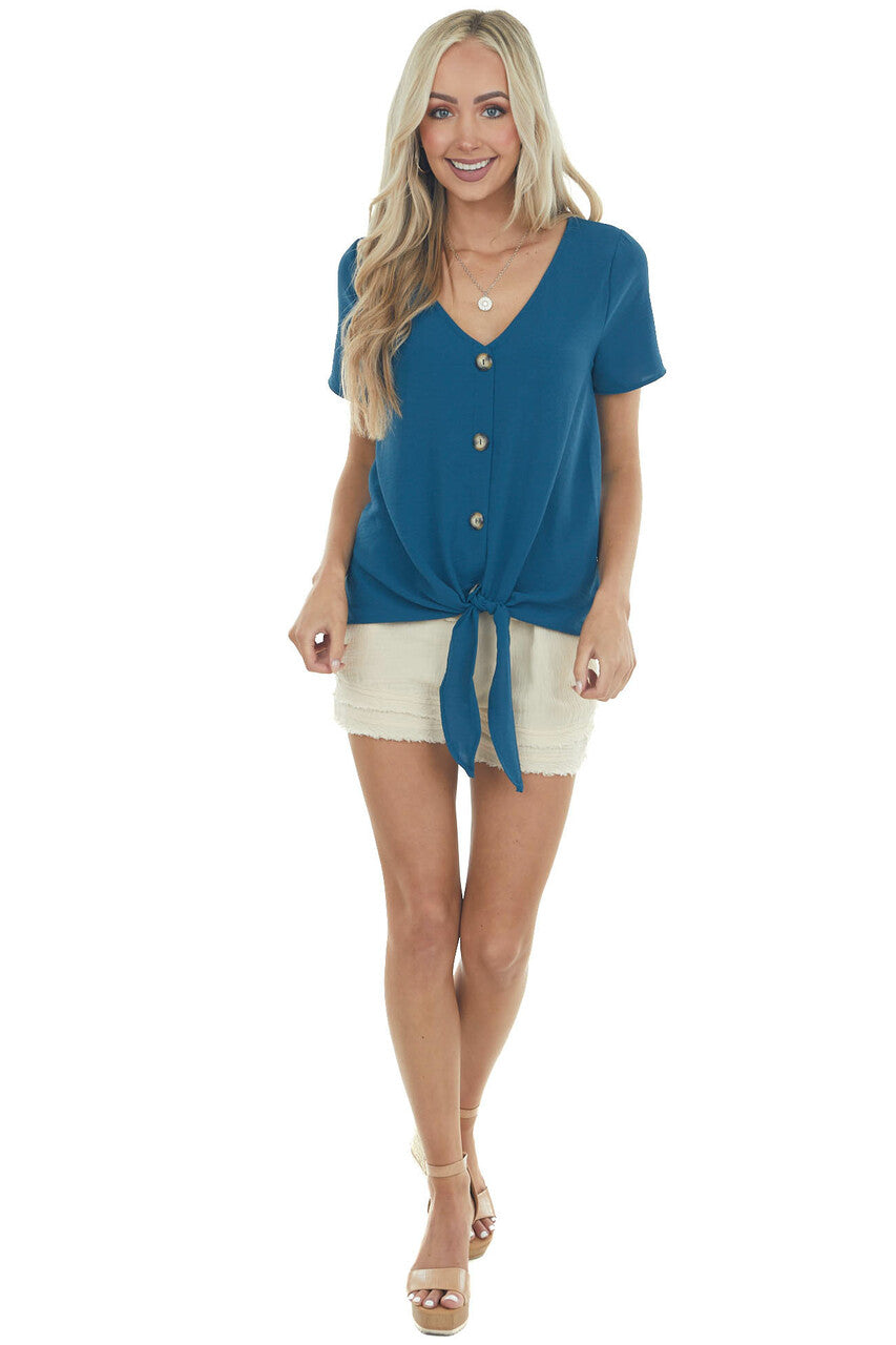 Sea Blue Short Sleeve Button Up Top with Front Tie Detail