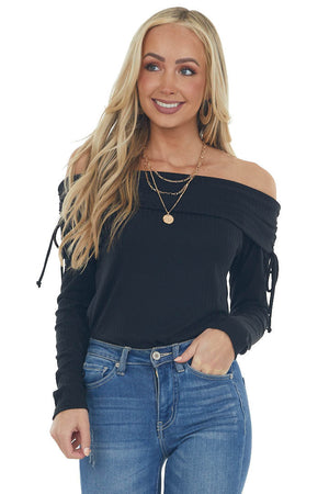 Black Folded Off the Shoulder Ribbed Top