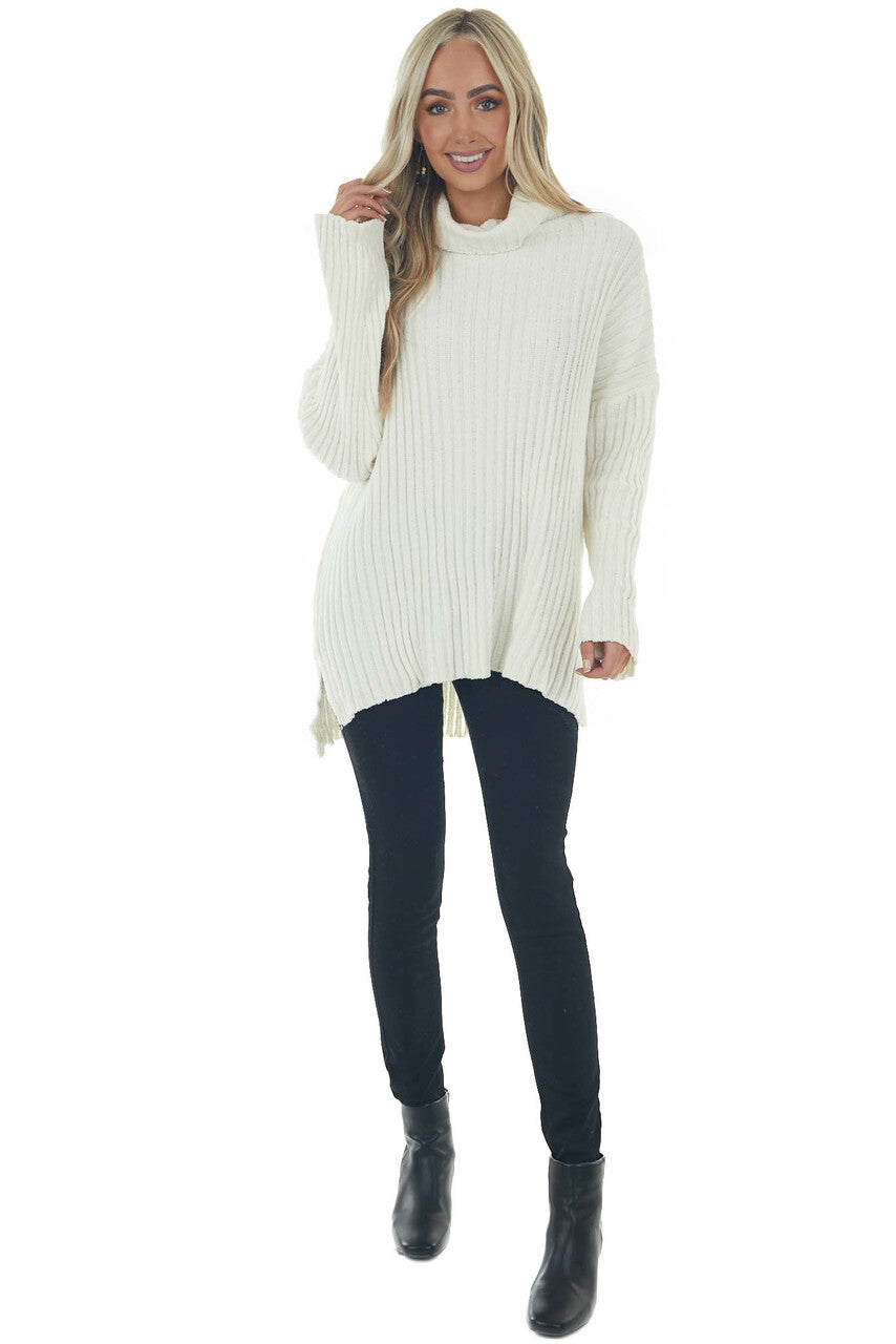 Cream Chenille Ribbed Cowl Neck Sweater