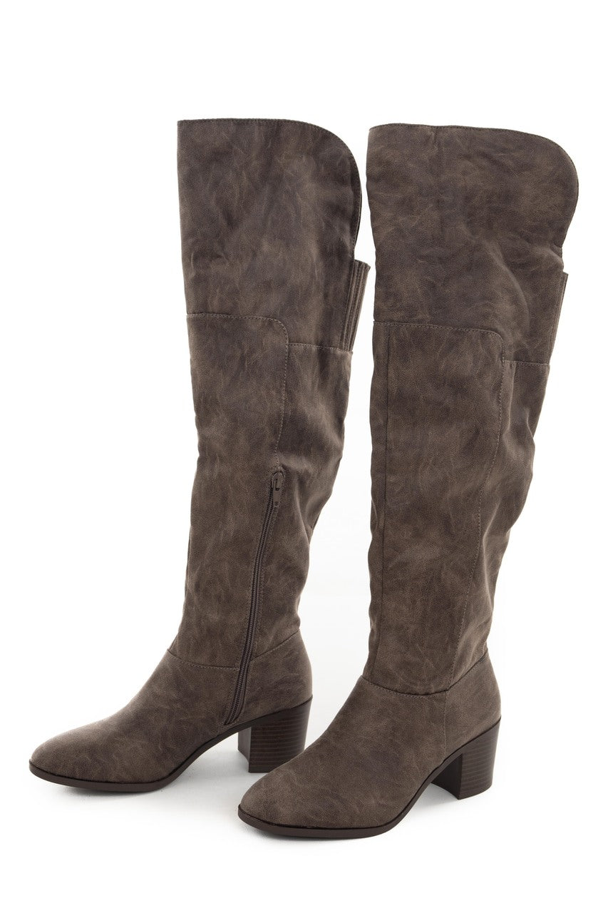 Taupe Textured Faux Leather Stacked Heel Boots