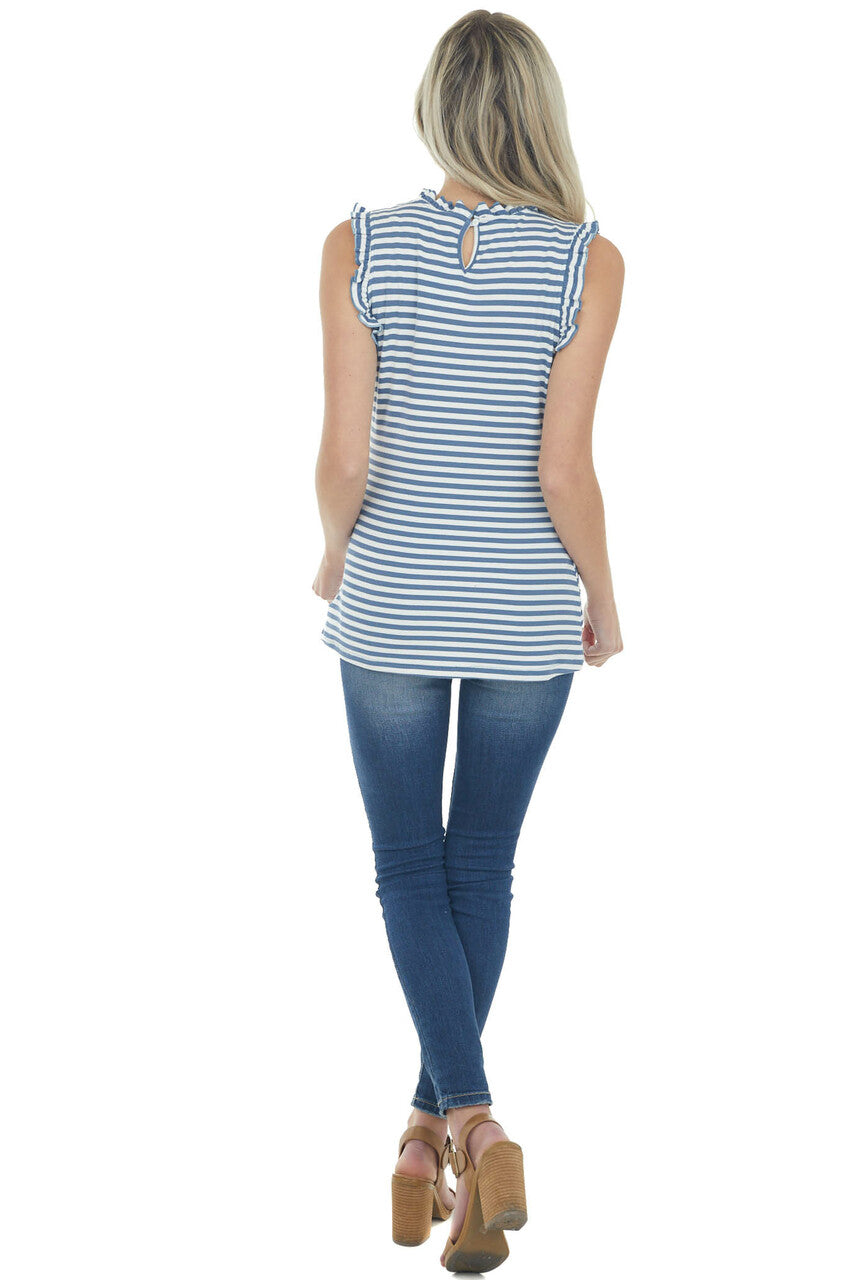 Steel Blue Striped Frill Ribbed Knit Tank Top