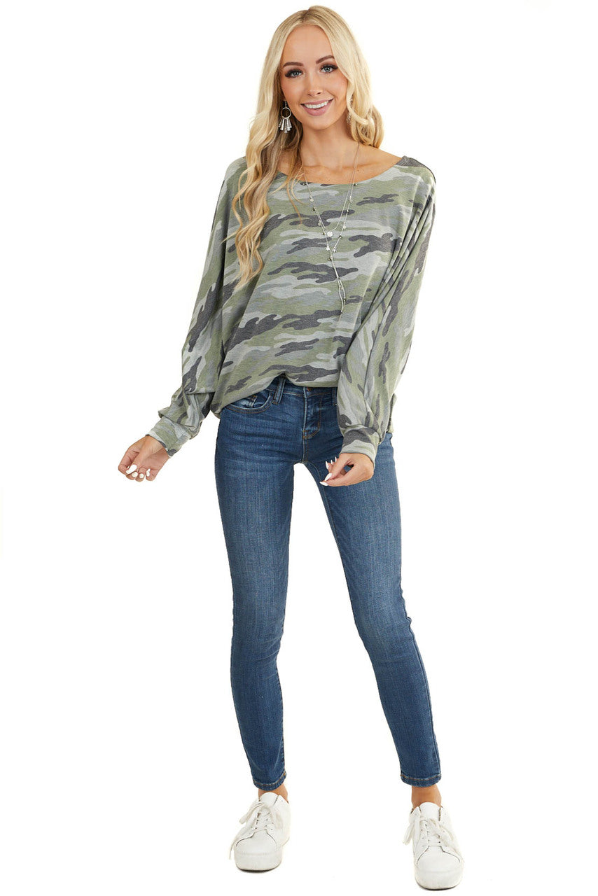 Sage and Grey Camo Knit Top with Long Dolman Sleeves