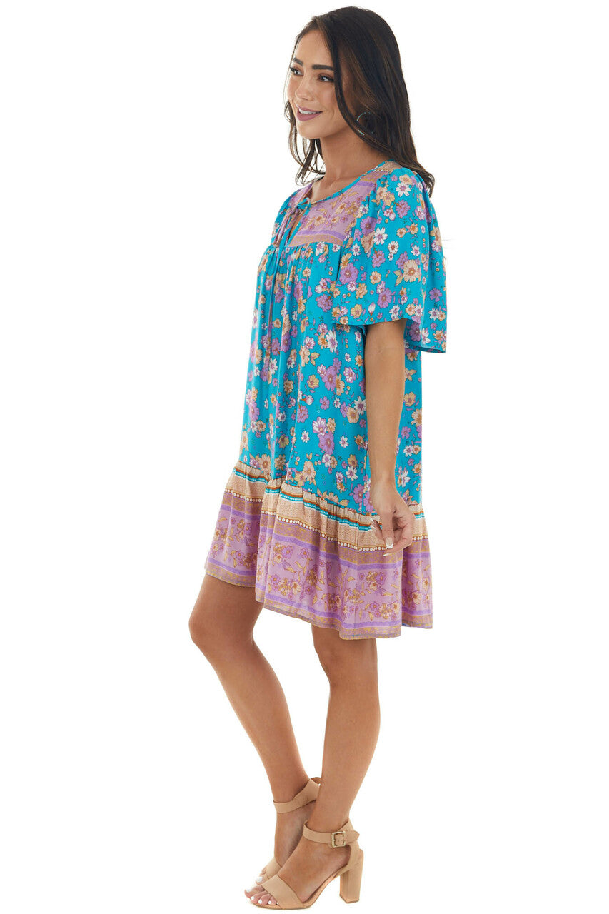 Teal Floral Print Short Dress with Front Tie