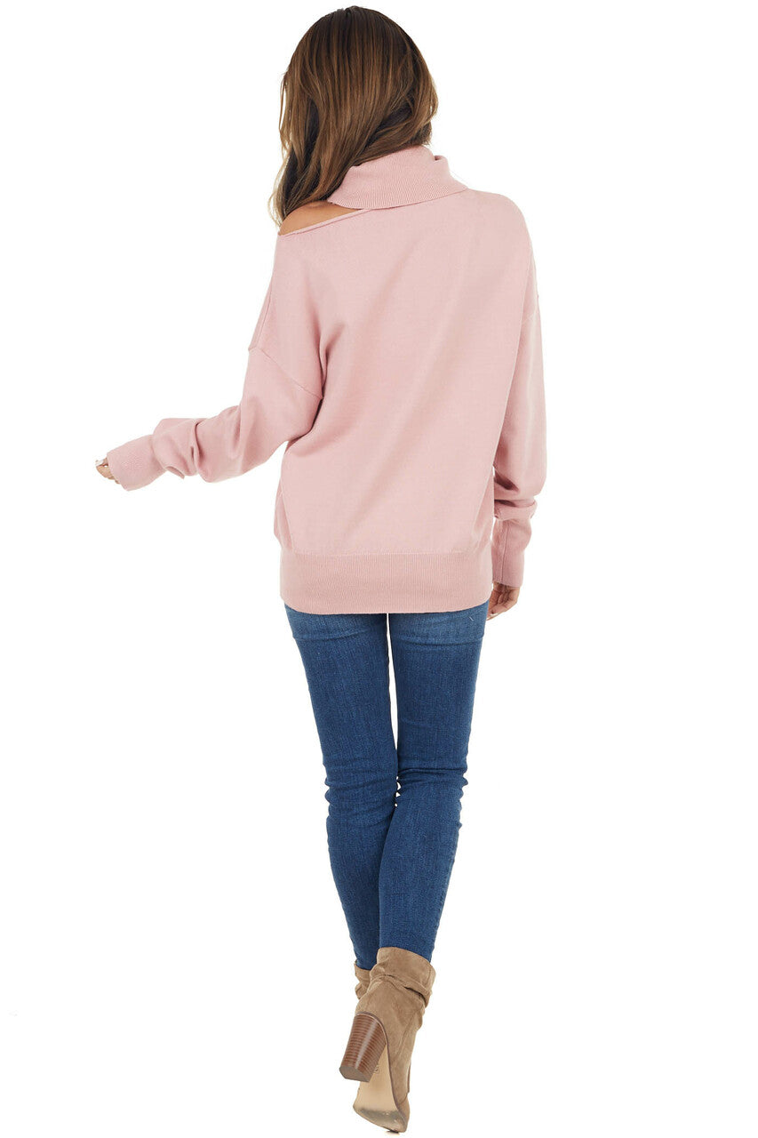 Baby Pink Turtleneck Knit Top with Single Shoulder Cutout