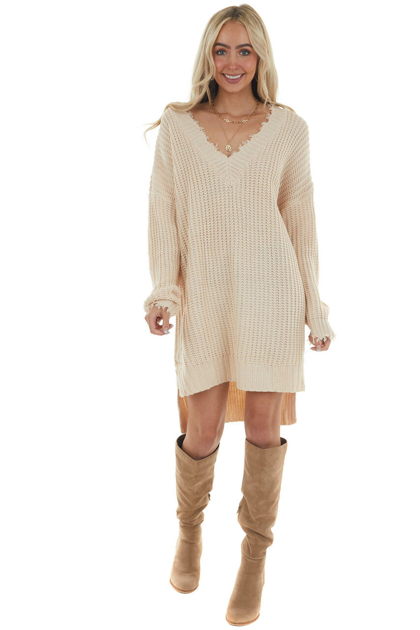 Cream V Neck Long Sleeve Short Sweater Dress