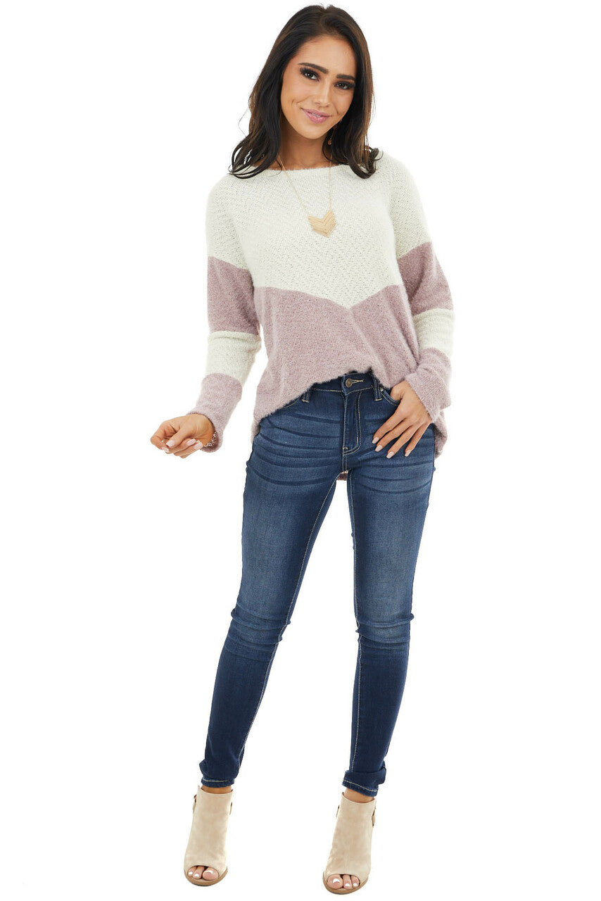 Mauve and Cream Colorblock Sweater with Loose Knit Detail 