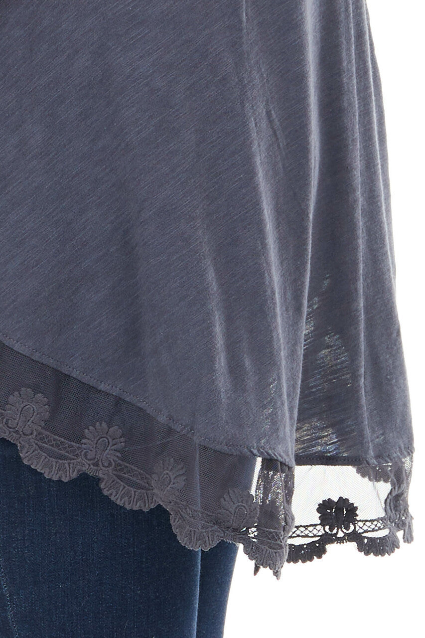 Slate Blue Knit Tank Top with Scalloped Lace Hemline