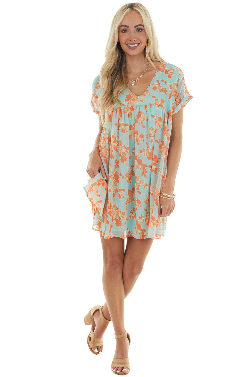 Aqua and Sunset Floral Babydoll Woven Dress