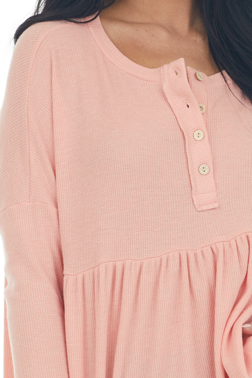Coral Babydoll 3/4 Sleeve Oversized Henley Knit Top