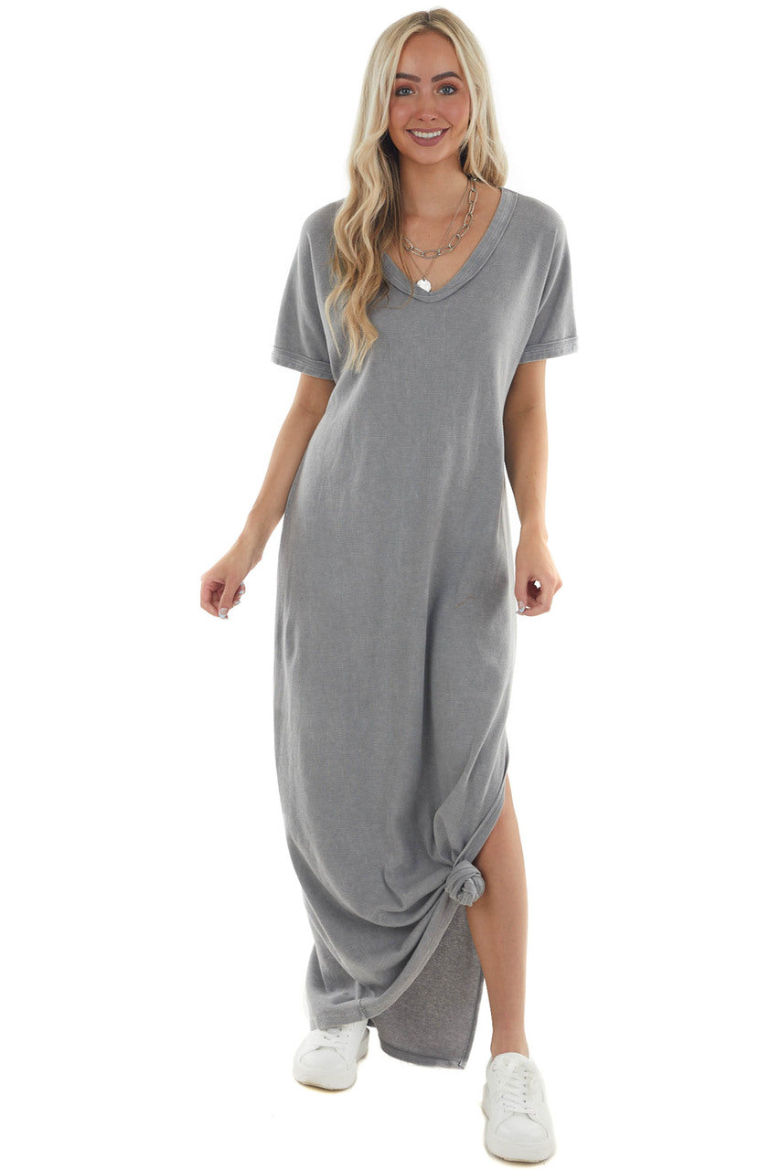 Steel Short Sleeve V Neck Maxi Tee Shirt Dress 