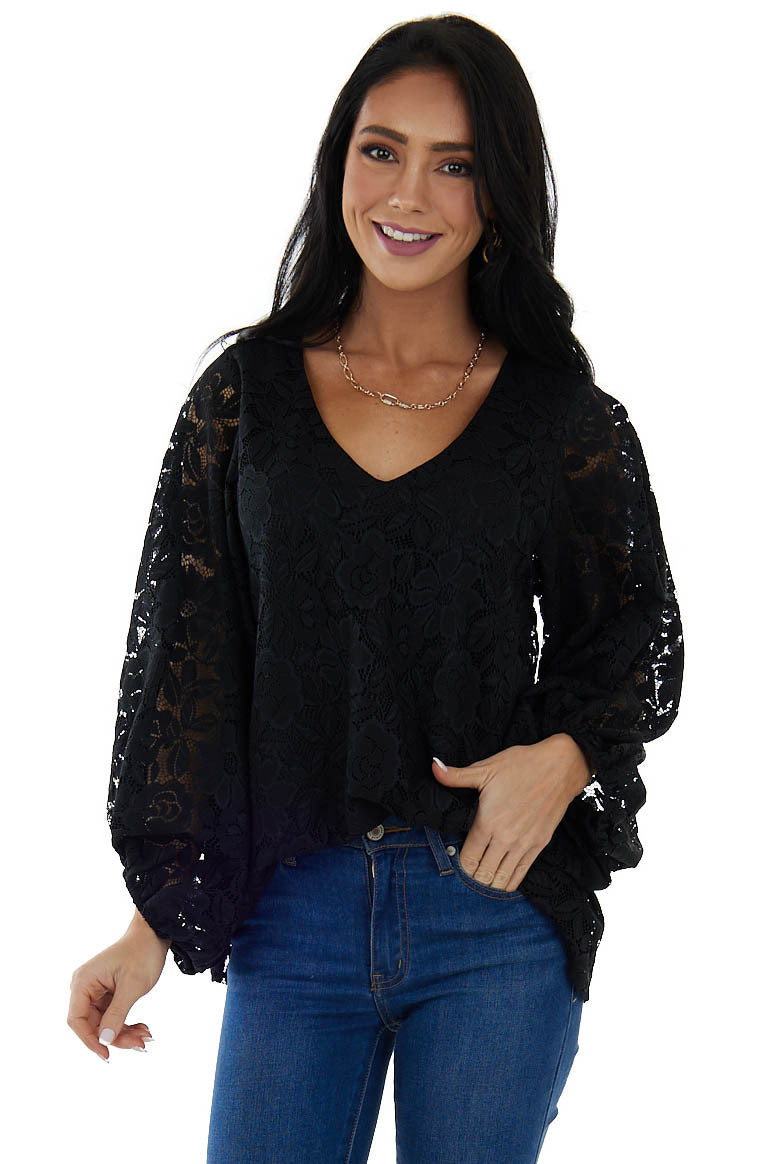 Black Floral Lace Long Bubble Sleeve Blouse