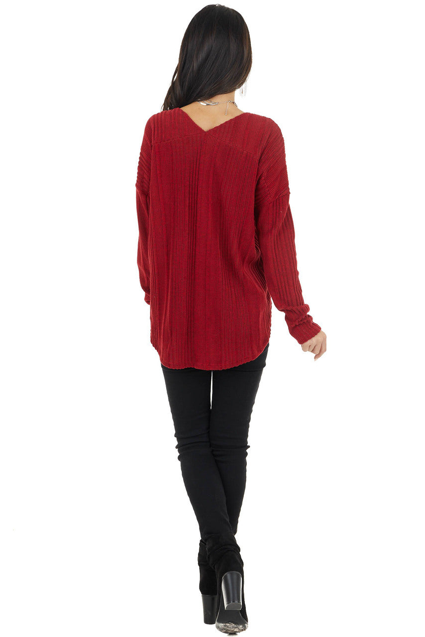 Maroon Long Sleeve Wide Neck Knit Top with Ribbed Detail