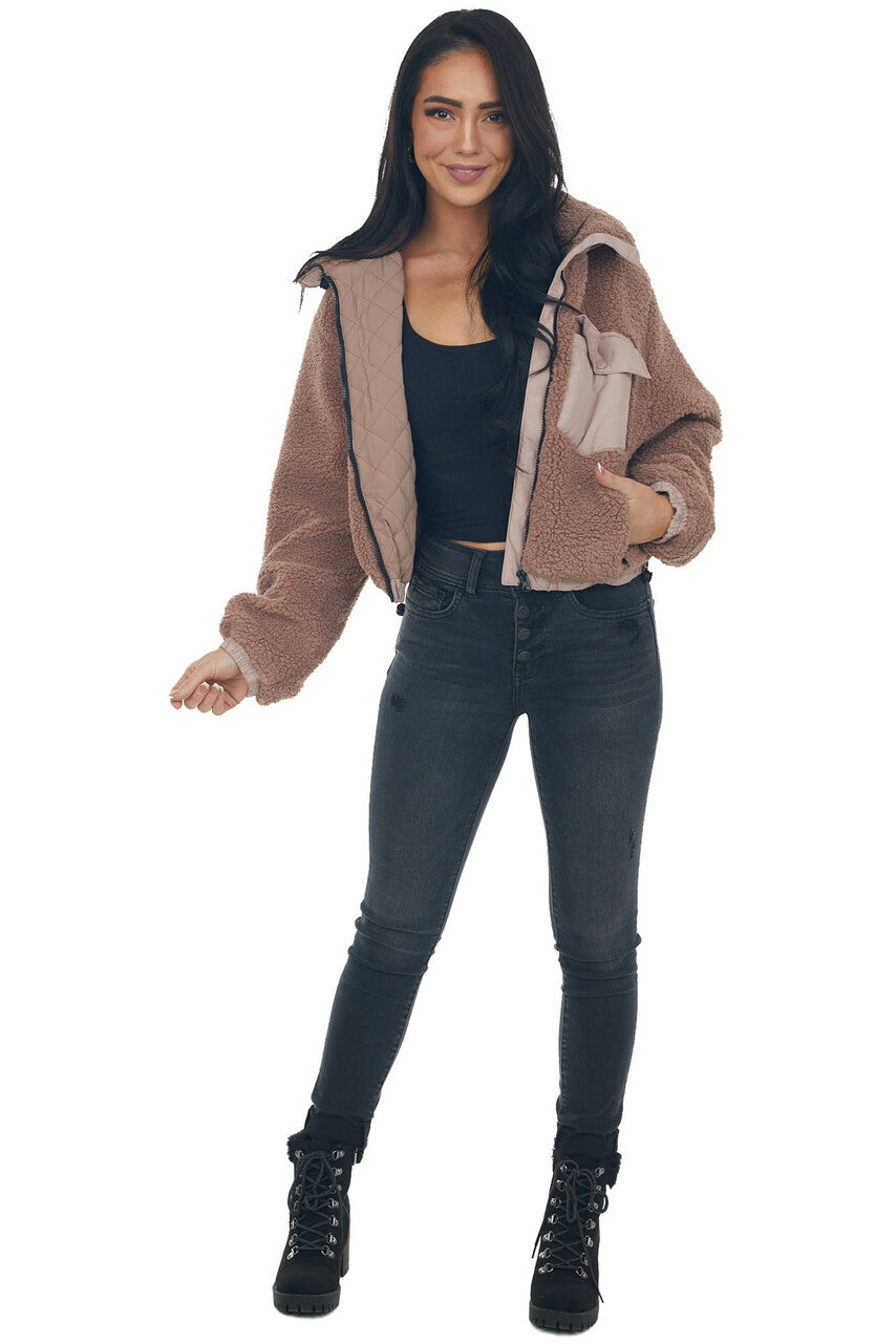 Rose Taupe Mock Neck Hooded Cozy Teddy Jacket 