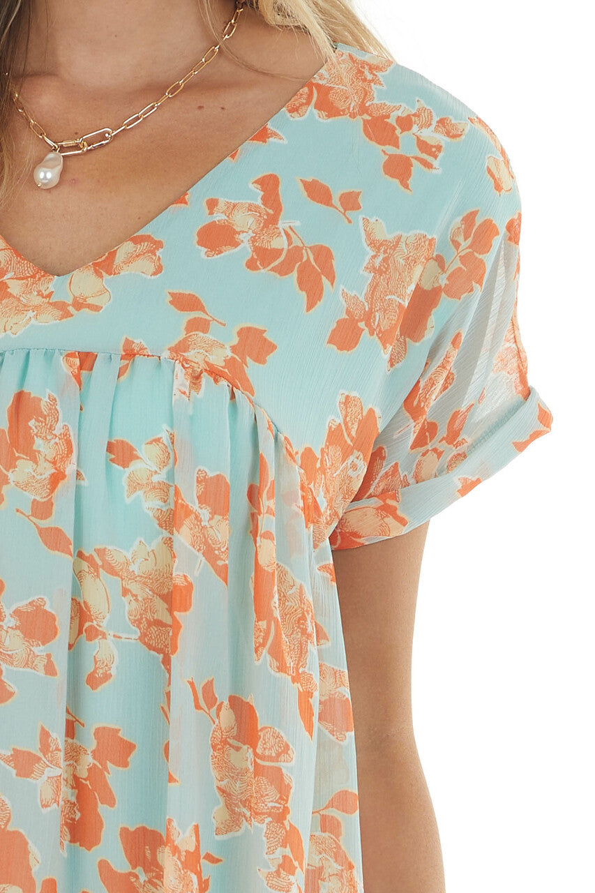 Aqua and Sunset Floral Babydoll Woven Dress
