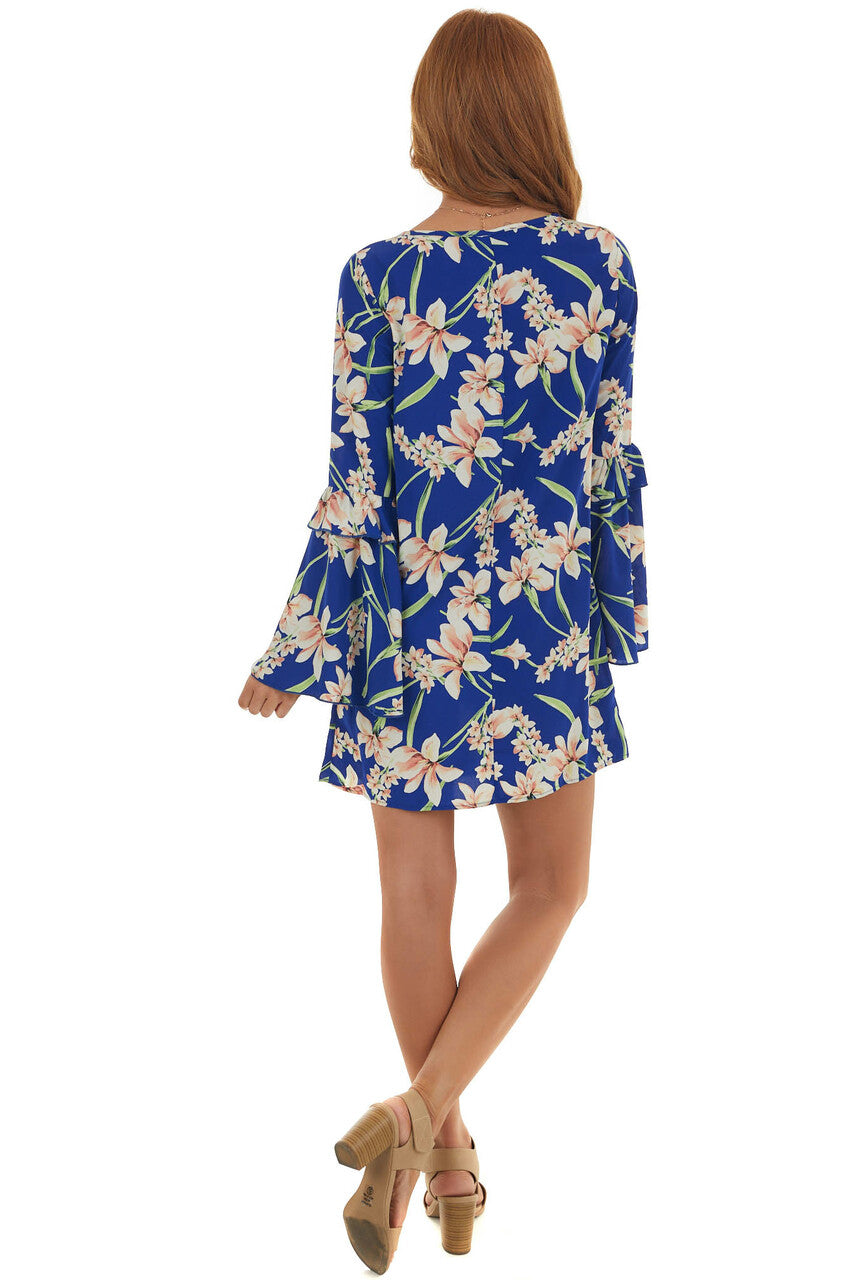 Royal Blue Floral Long Bell Sleeve Short Dress 