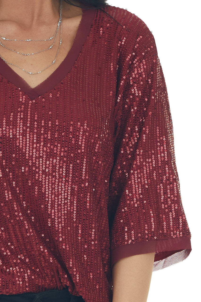 Maroon Sequined Half Sleeve V Neck Top