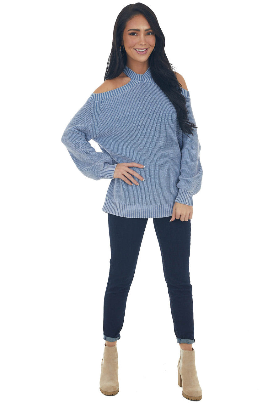 Hazy Blue Mineral Washed Cold Shoulder Sweater