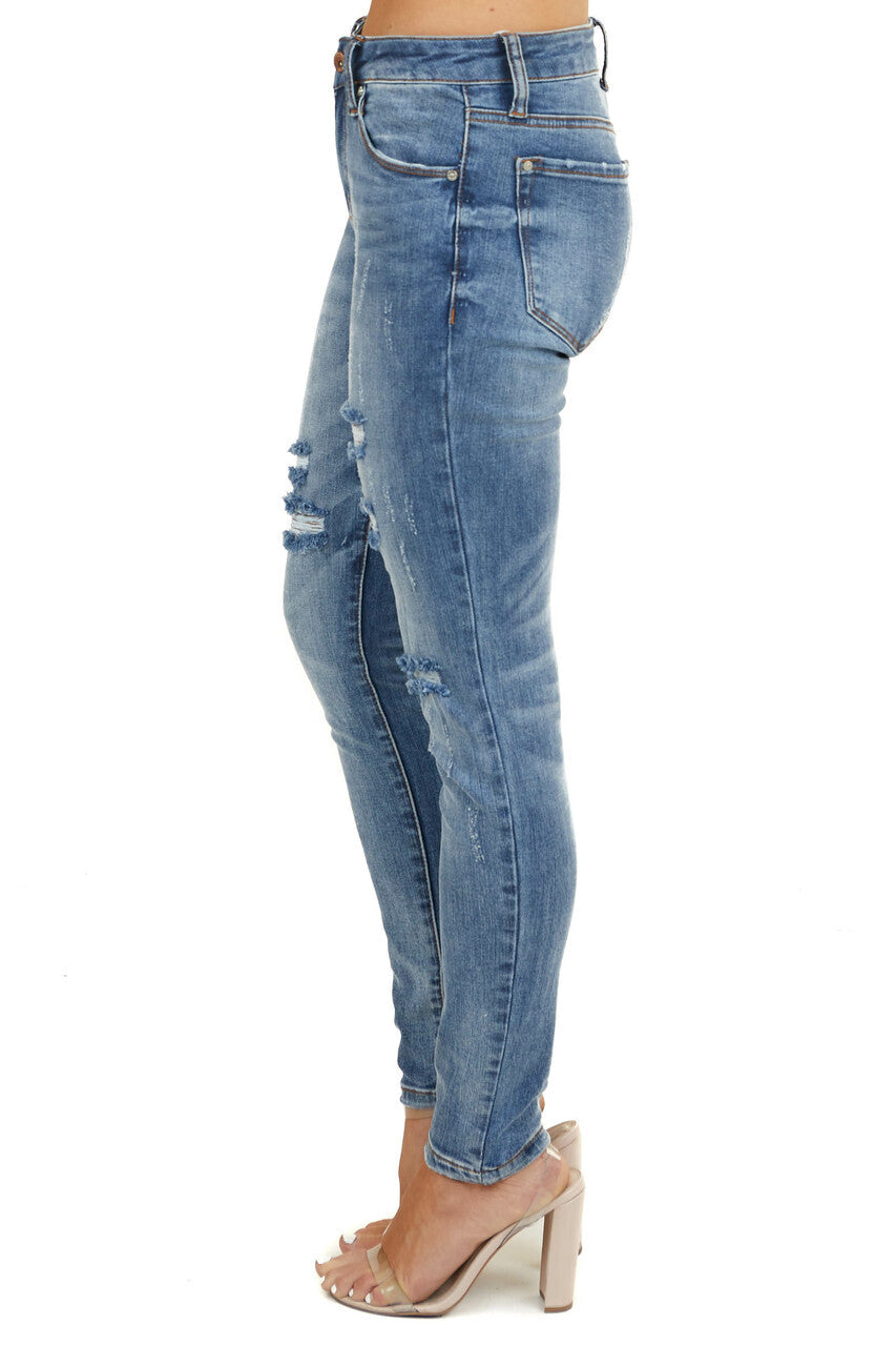Medium Wash Denim Mid Rise Distressed Skinny Jeans 