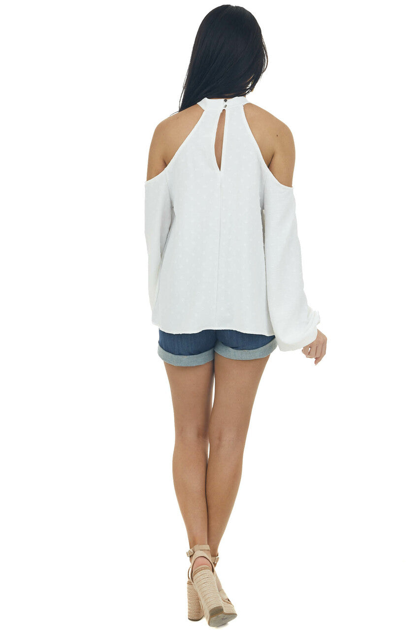 Ivory Swiss Dot Cold Shoulder Halter Blouse 