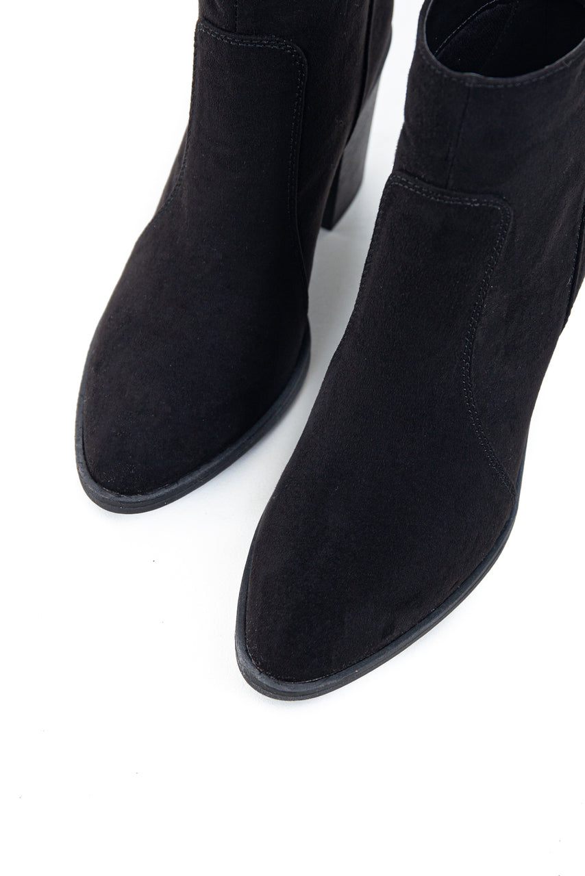 Black Pointed Toe Ankle Suede Booties with Block Heel