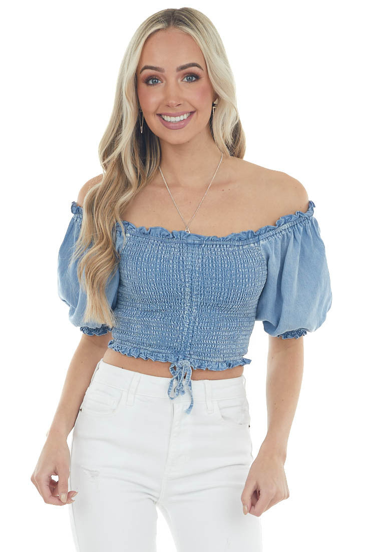 Light Wash Chambray Smocked Crop Top with Ruching Detail
